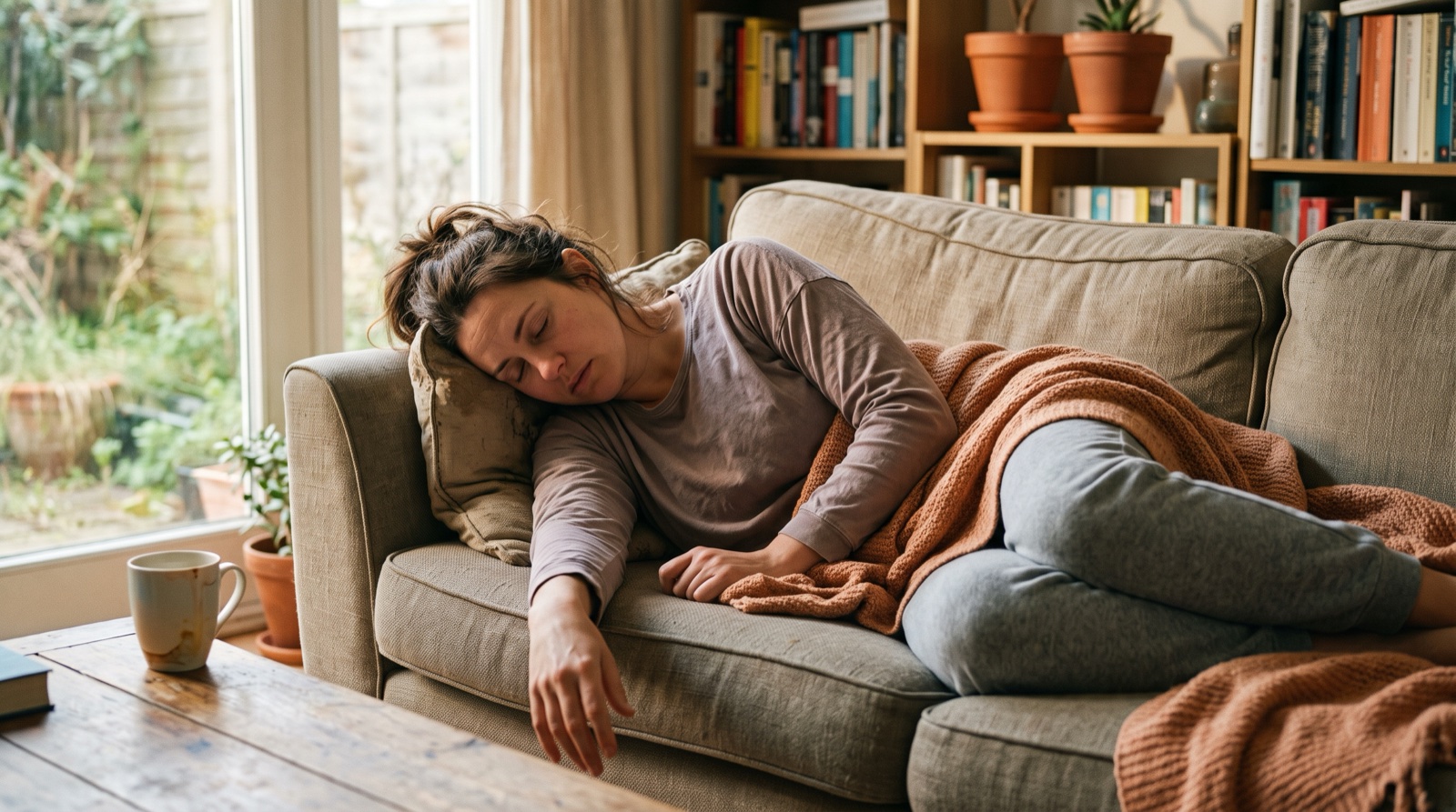 Persona dormida en el sofá el fin de semana, aún agotada
