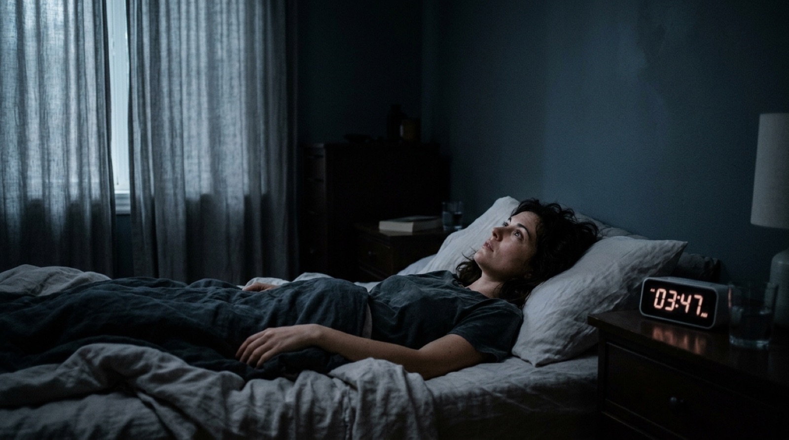 Mujer desvelada mirando el techo de madrugada