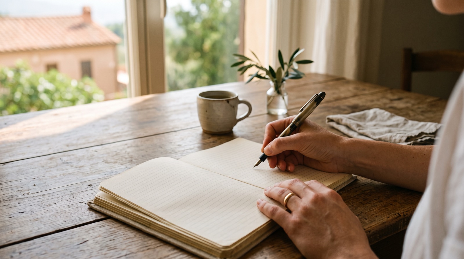 Mano escribiendo en un cuaderno sobre una mesa soleada