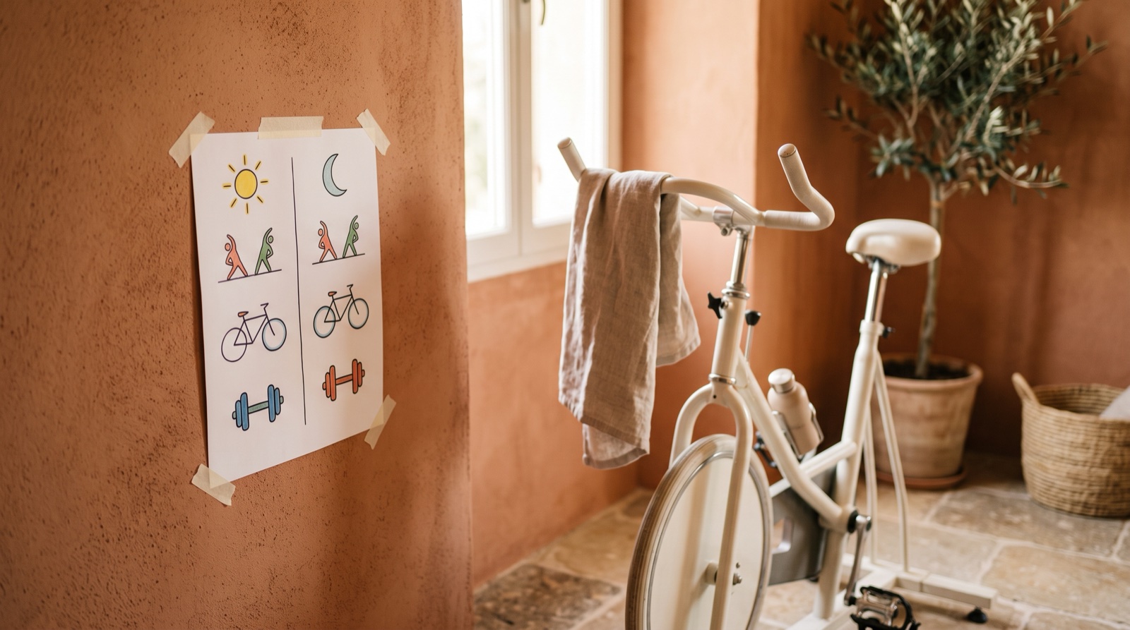 Plan de entrenamiento pegado en la pared junto a la bici