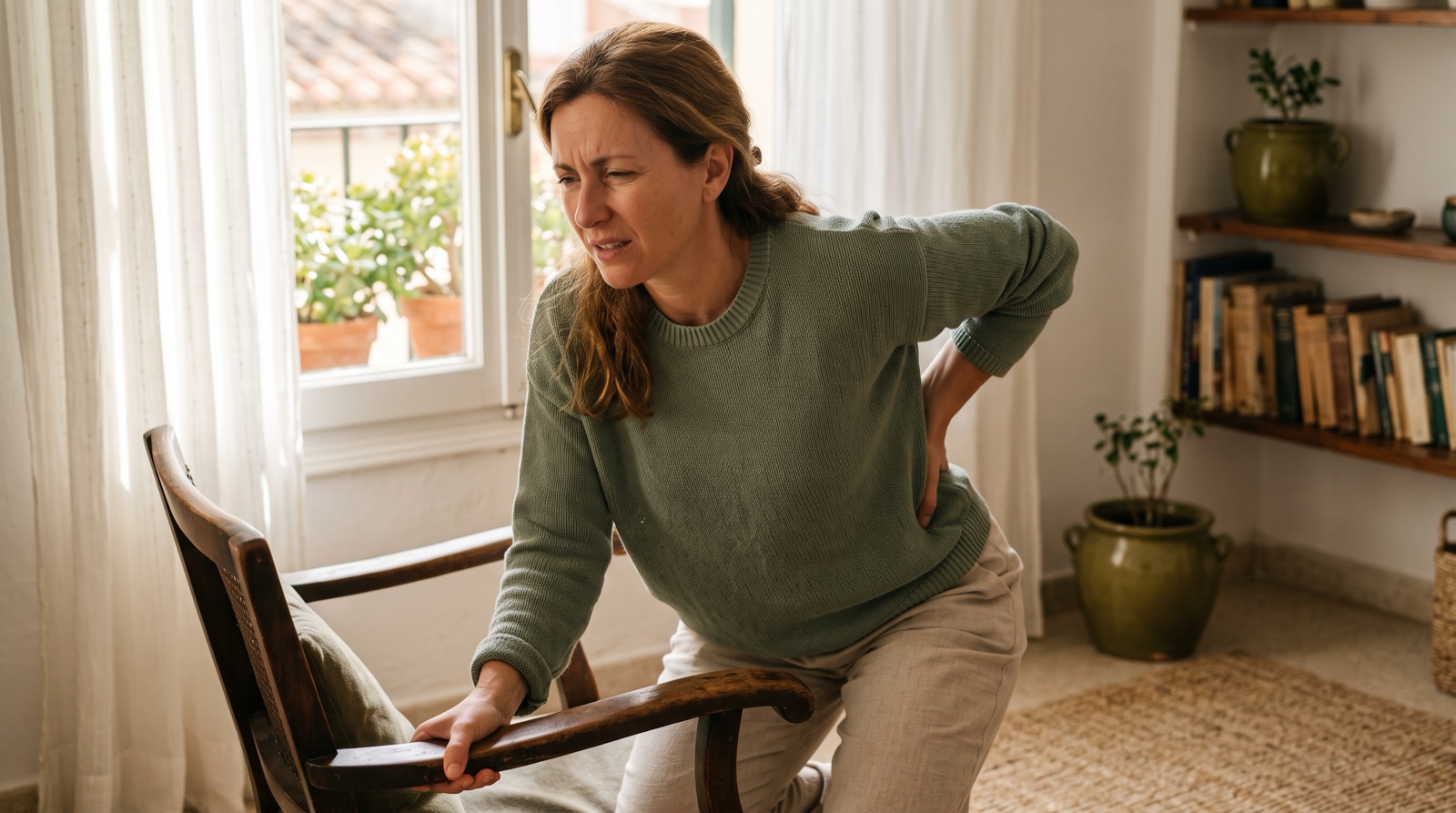 Persona sujetándose la zona lumbar al levantarse