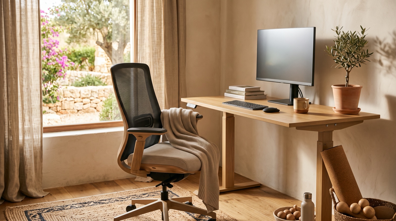 Silla de oficina junto a un escritorio elevable