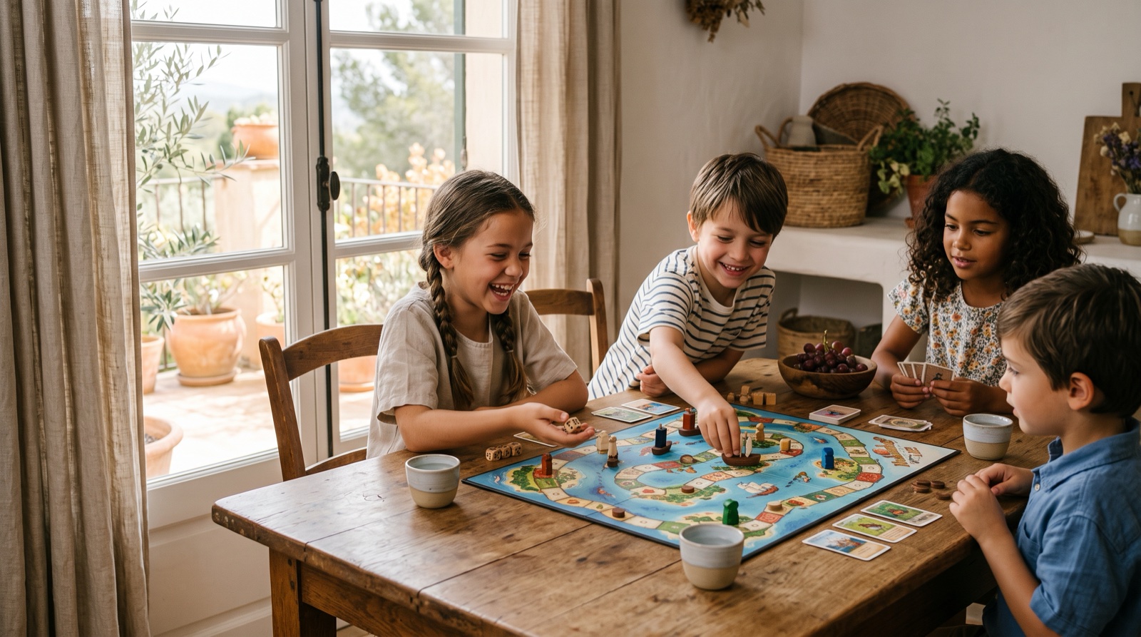 Familia jugando a un juego de mesa alrededor de la mesa