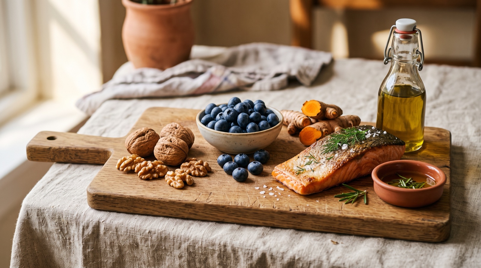 Tabla con pescado azul, nueces, arándanos, cúrcuma y aceite de oliva