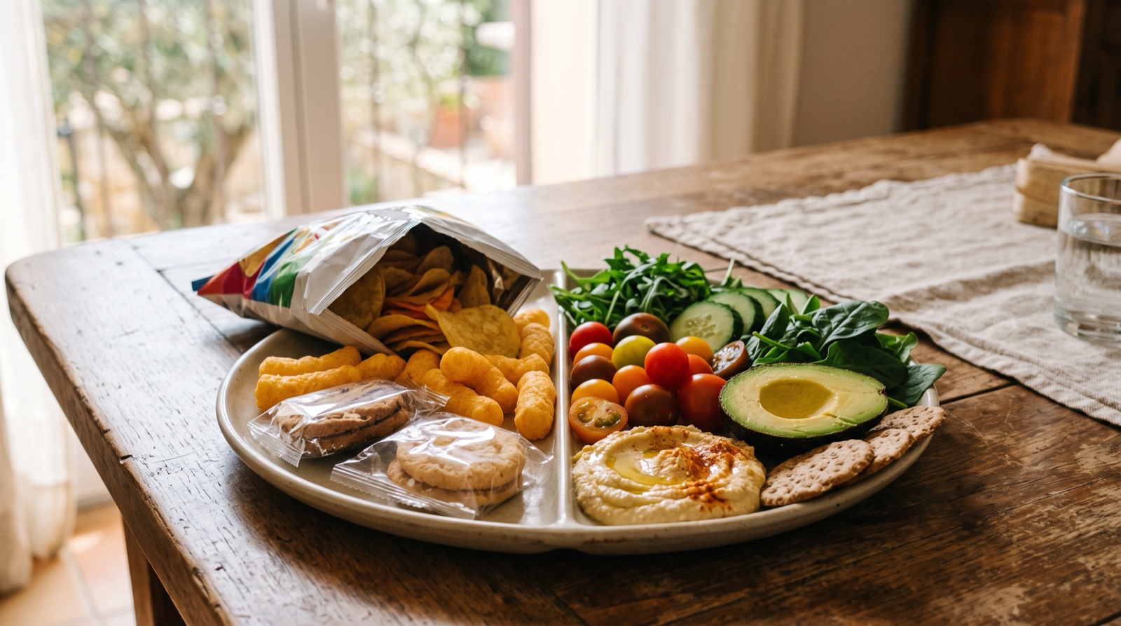 Plato dividido entre ultraprocesados y alimentos frescos