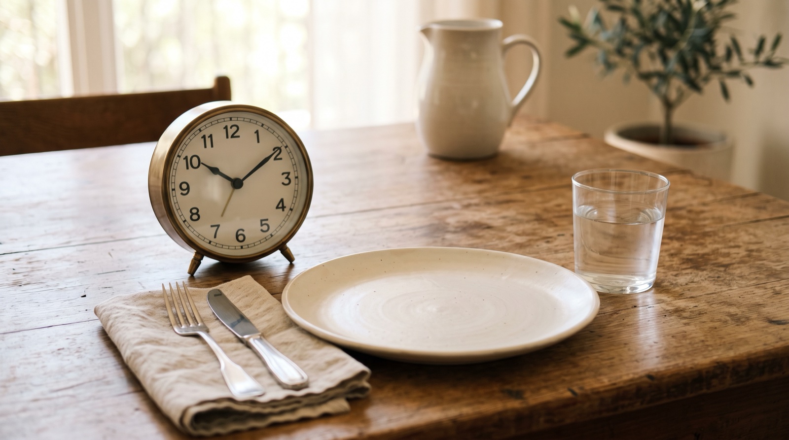 Reloj junto a un plato vacío y un vaso de agua