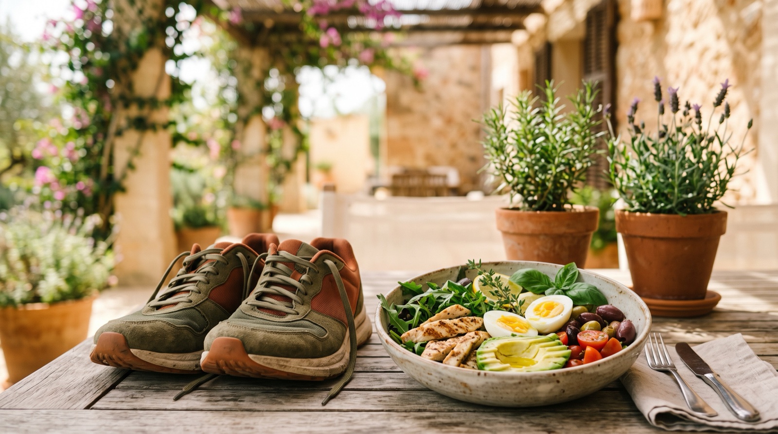 Zapatillas de deporte junto a una comida rica en proteína