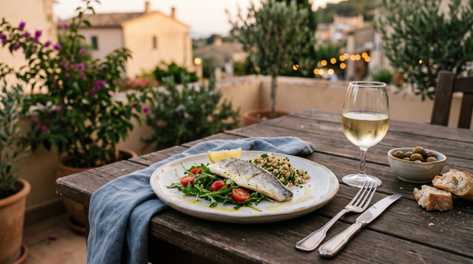 Cena ligera en una terraza al atardecer