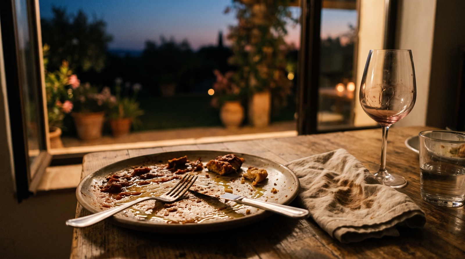 Plato de cena pesada apartado en una noche calurosa