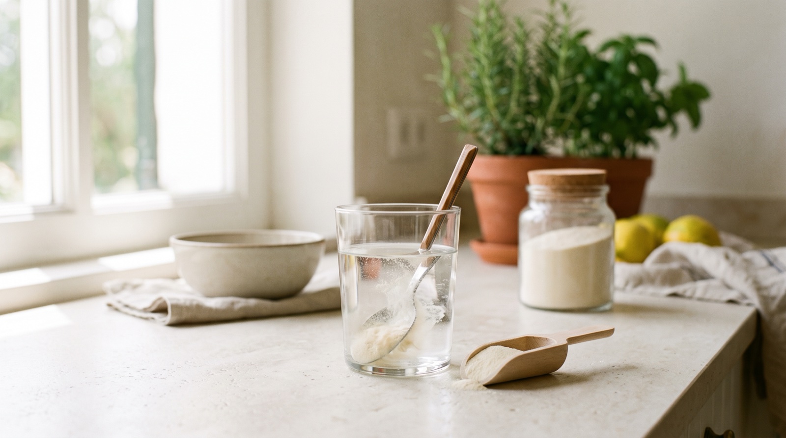 Cacito de colágeno disolviéndose en un vaso de agua