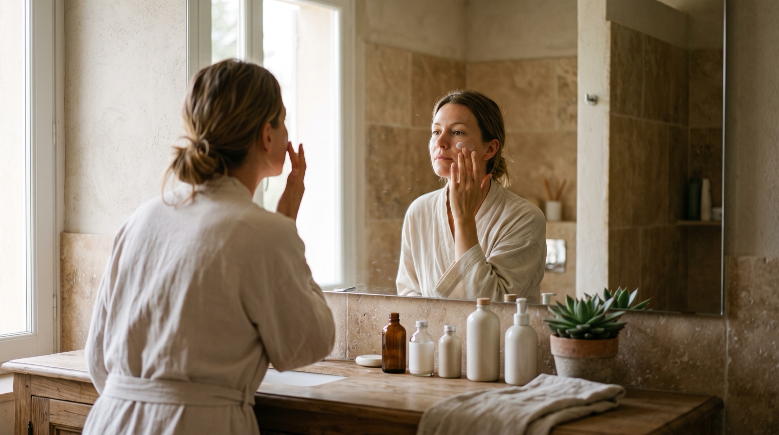 Mujer aplicándose crema hidratante ante el espejo
