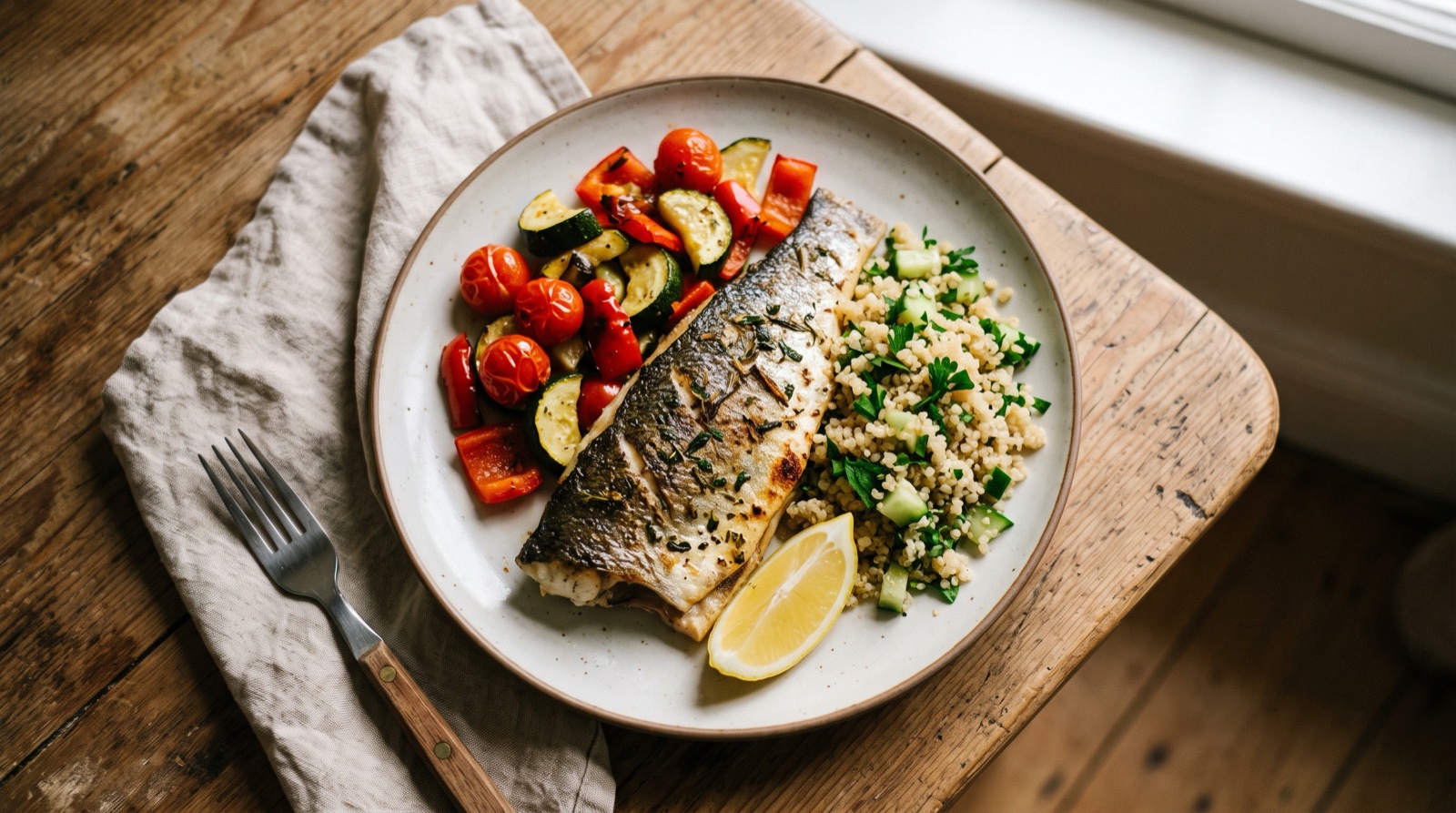 Plato equilibrado de verduras, cereales integrales y pescado