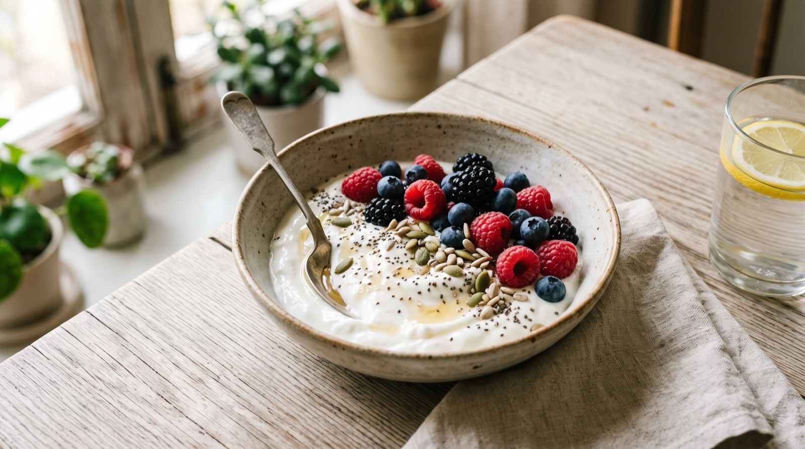 Bol de yogur con kéfir, semillas y frutos rojos