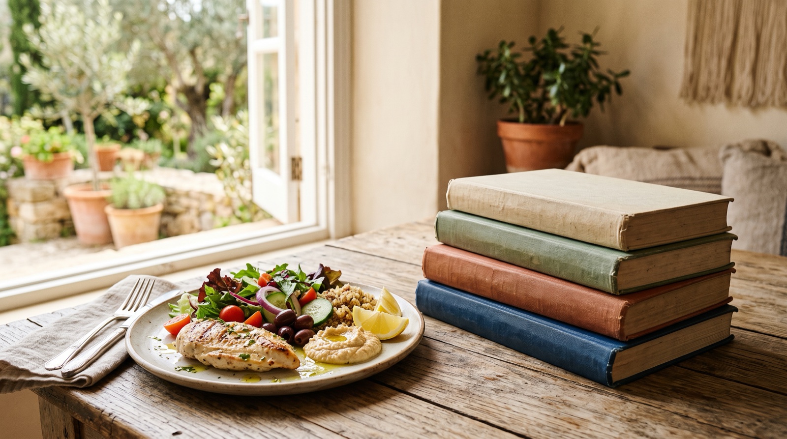 Pila de libros de dietas junto a un plato de comida real