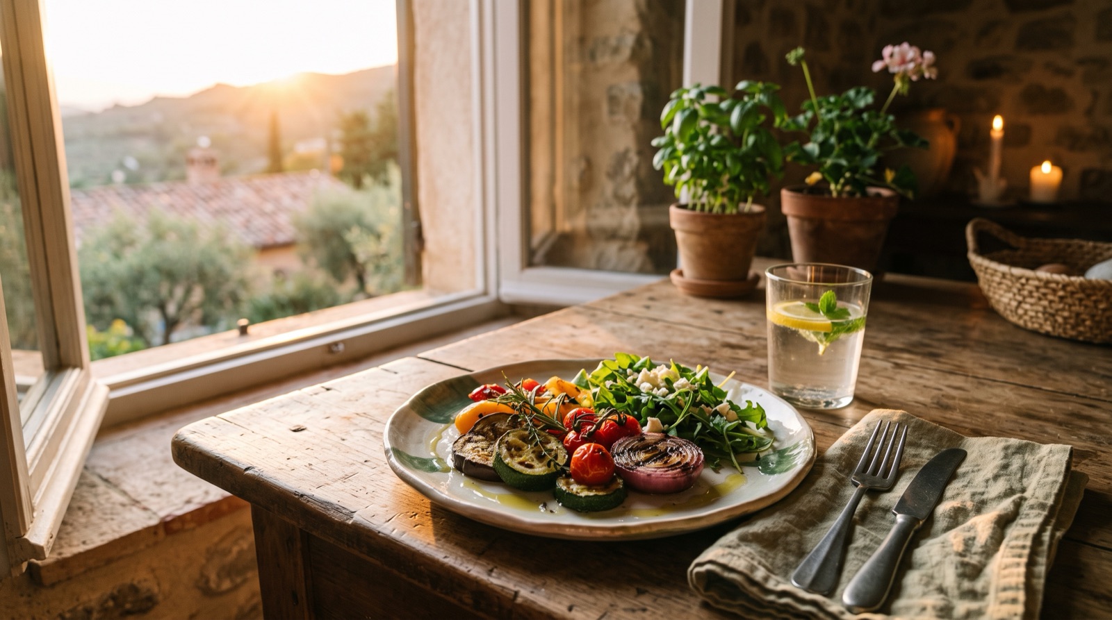 Cena ligera y temprana servida junto a una ventana con luz de atardecer