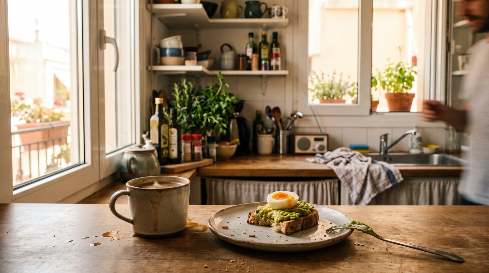 Cocina apresurada con café y una tostada a medias