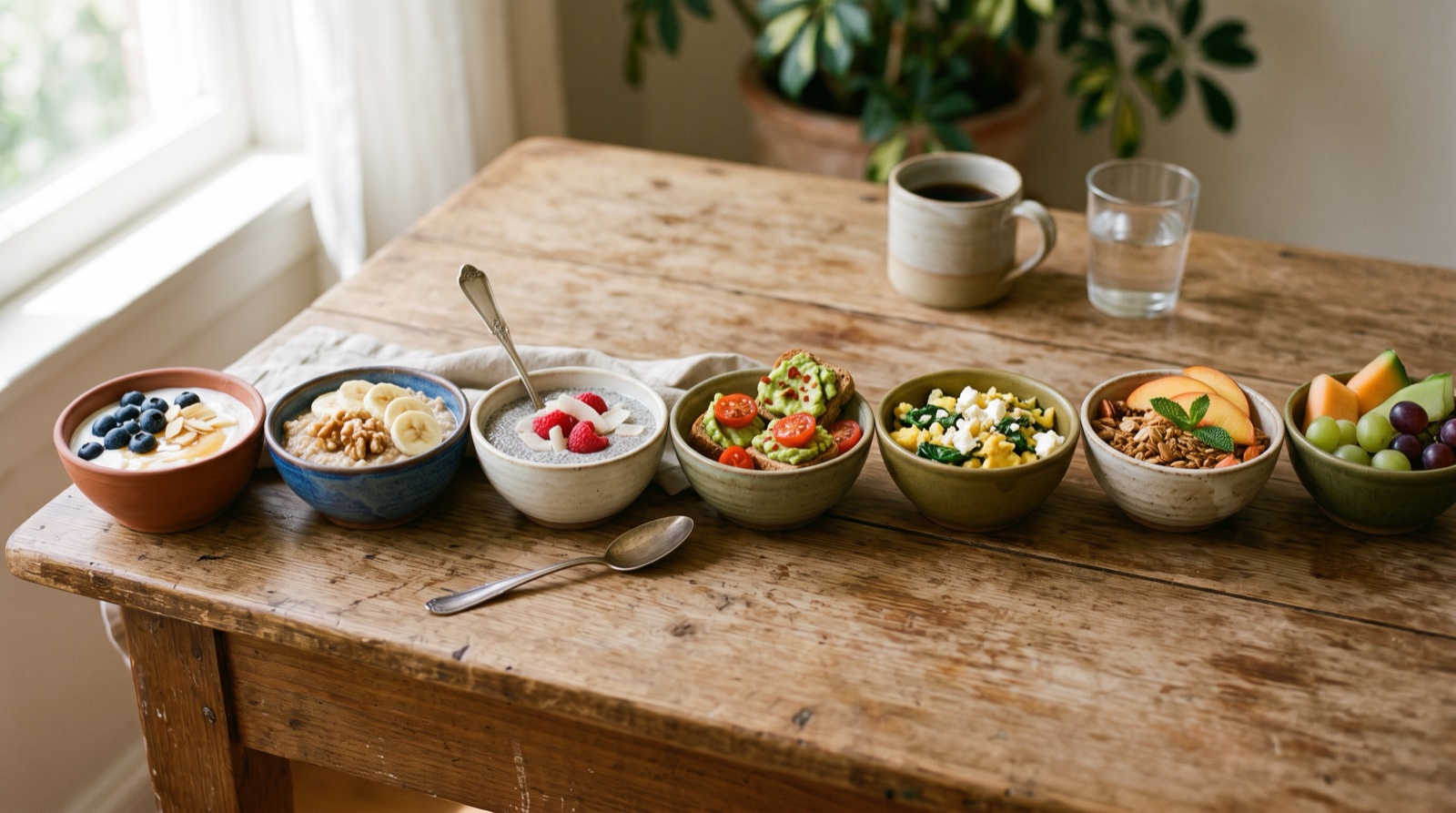 Siete boles de desayuno alineados en una mesa