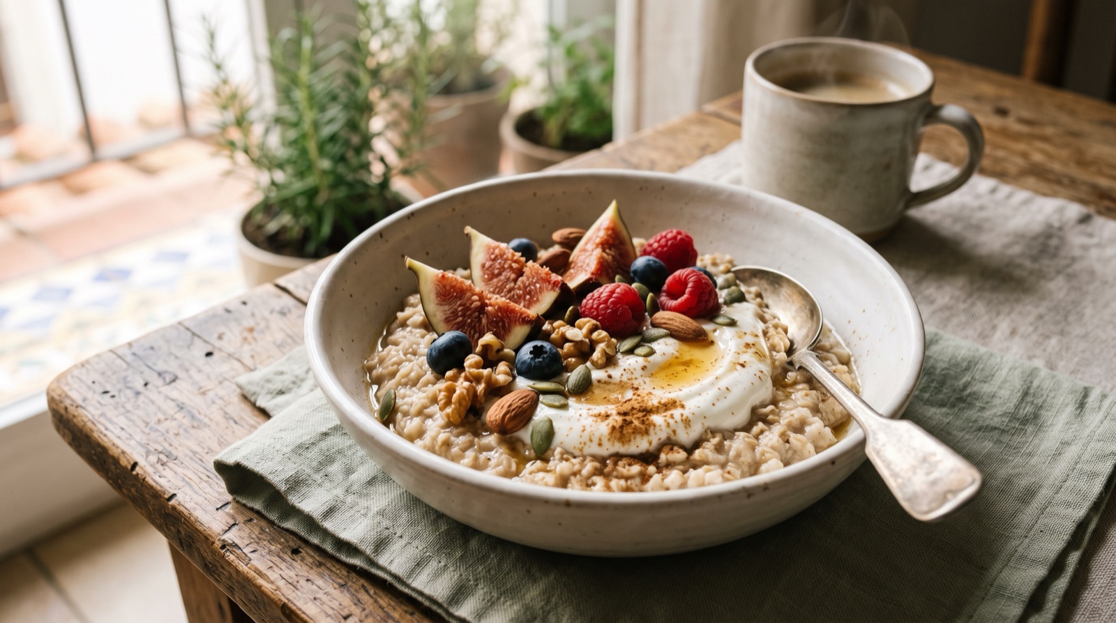 Bol de avena con yogur, frutos secos y fruta