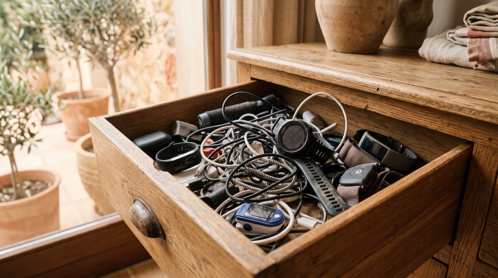 Cajón con gadgets sin usar y cables enredados
