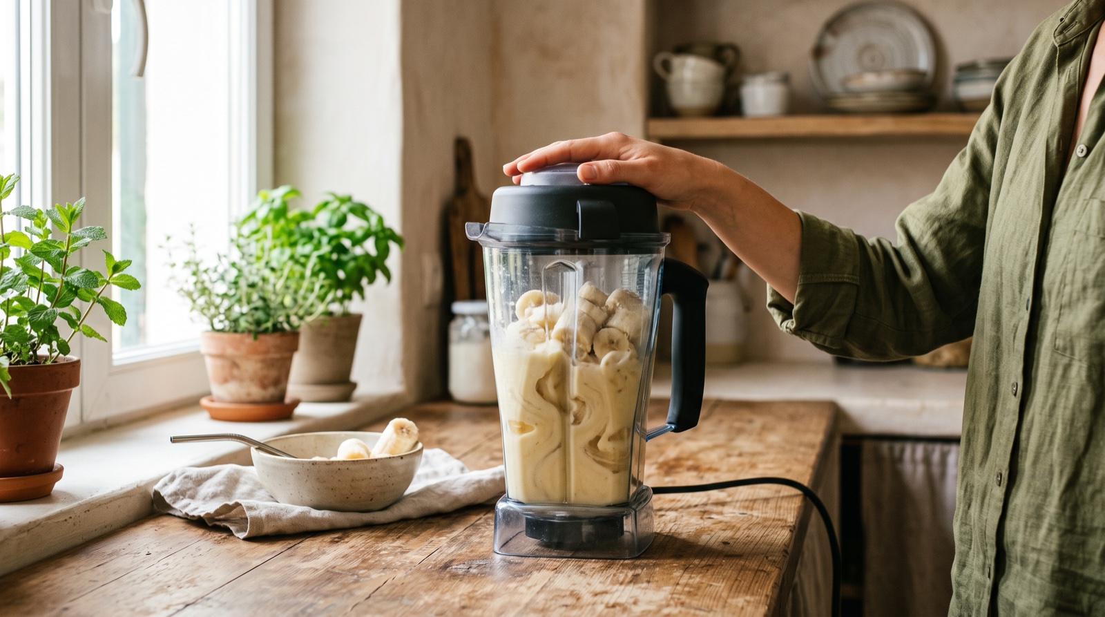 Rodajas de plátano congelado triturándose hasta quedar cremosas
