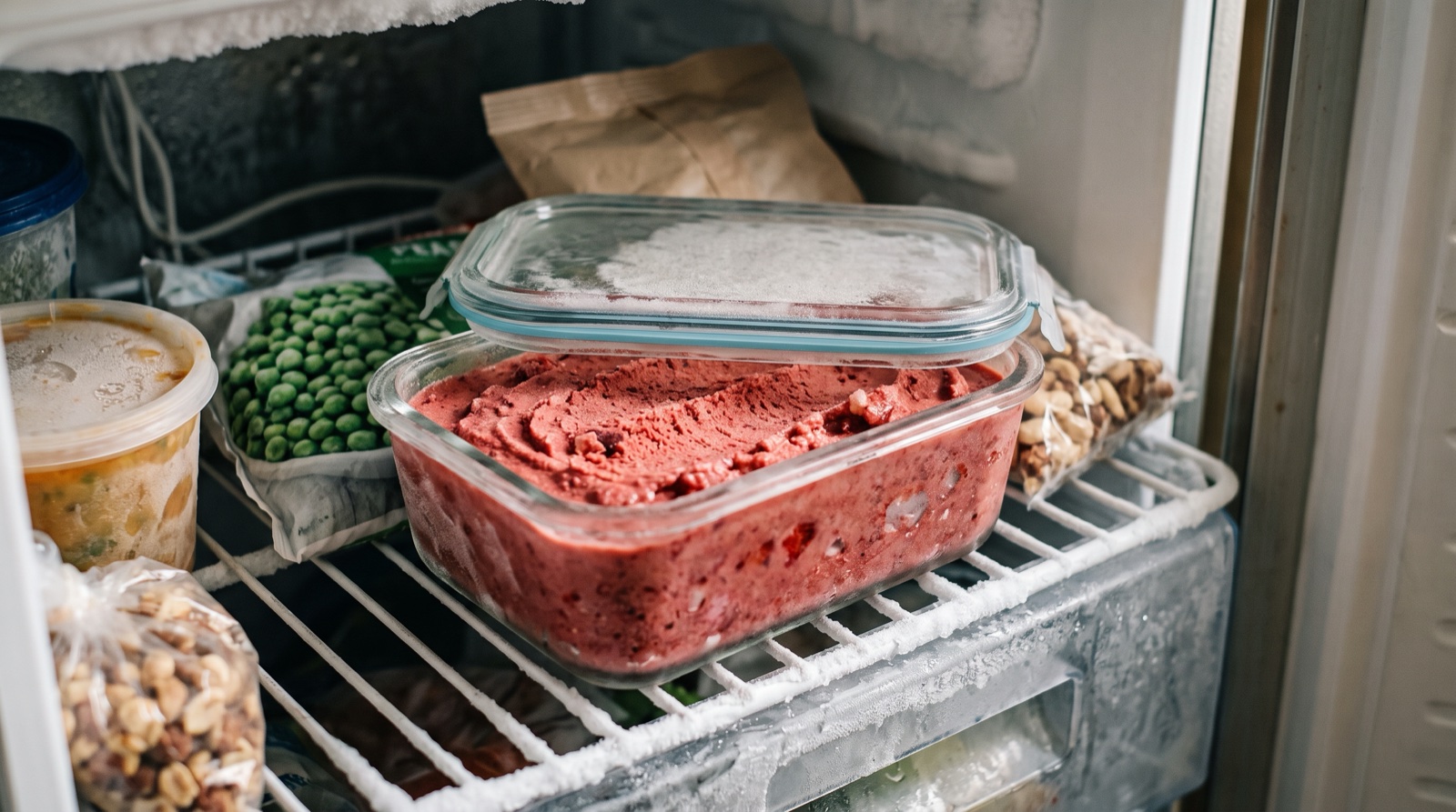 Helado casero conservado en un recipiente de cristal