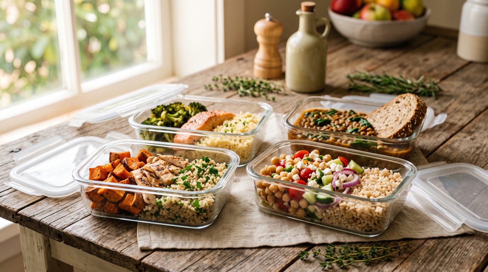 Táperes de cristal con cereales, verduras asadas y proteínas