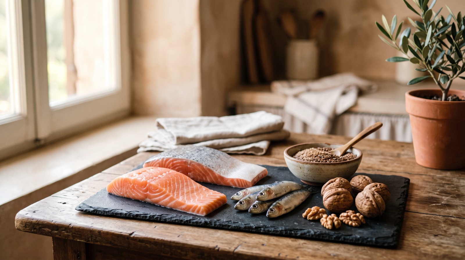 Salmón, sardinas, nueces y semillas de lino sobre pizarra