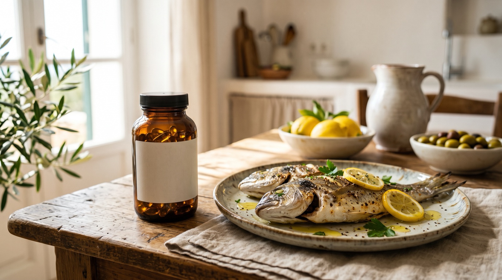 Bote de aceite de pescado junto a un plato de pescado fresco