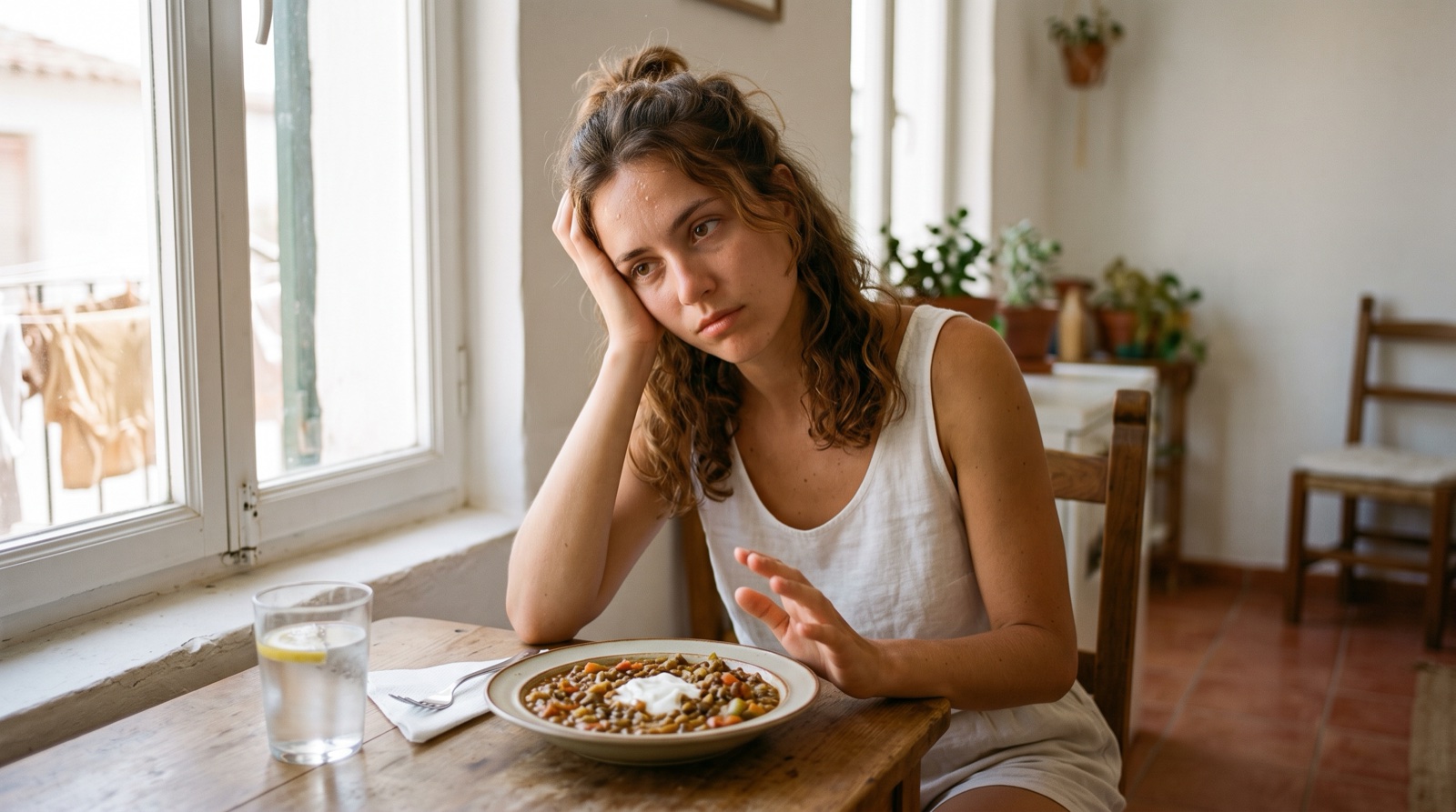 Persona sin apetito apartando un plato caliente en verano