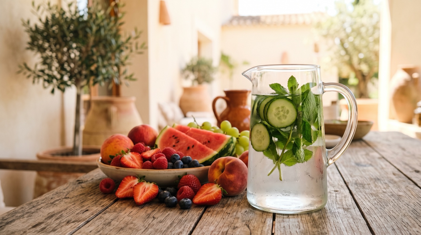 Jarra de agua con pepino y menta junto a fruta fresca