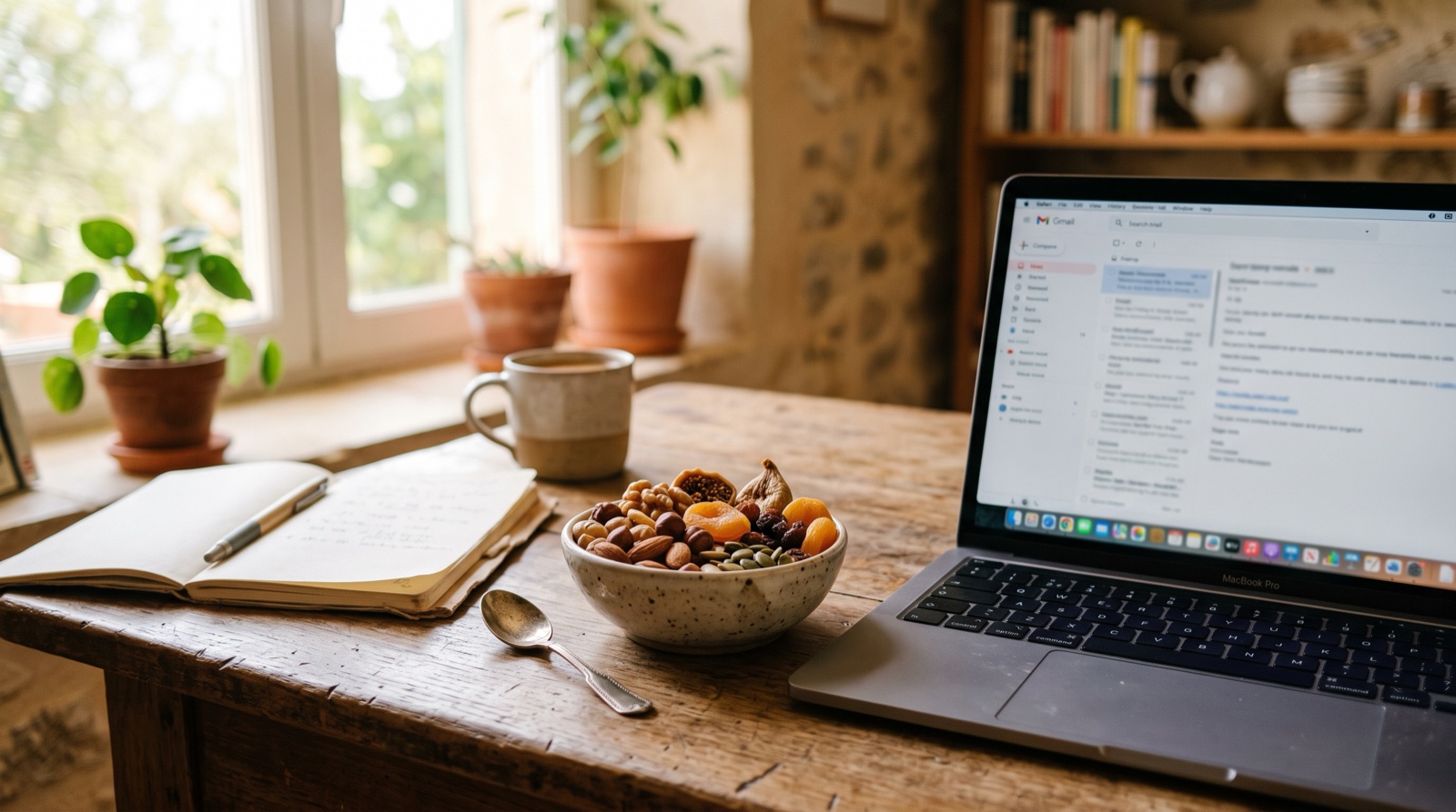 Escritorio con un táper de frutos secos y fruta junto al portátil