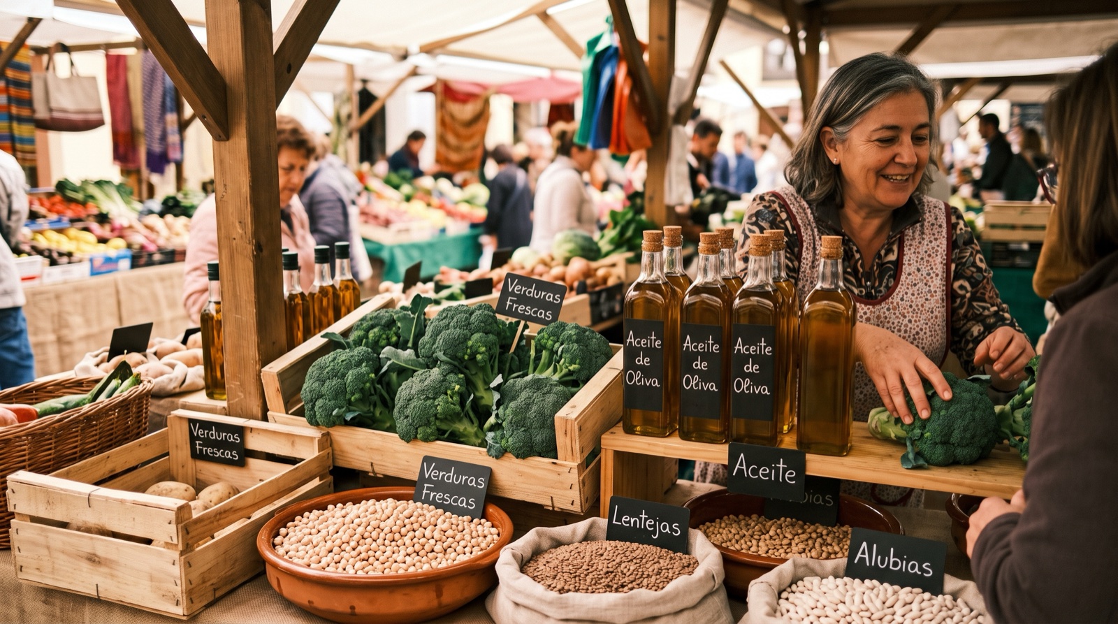 Puesto de mercado con brócoli, aceite de oliva y legumbres