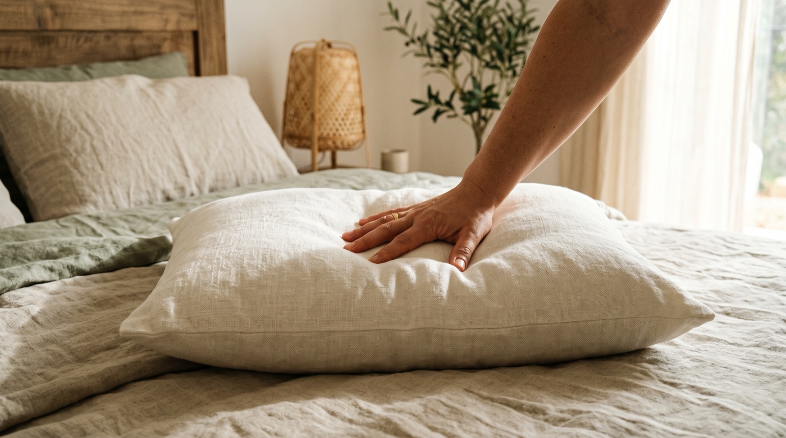 Mano presionando una almohada para probar su firmeza
