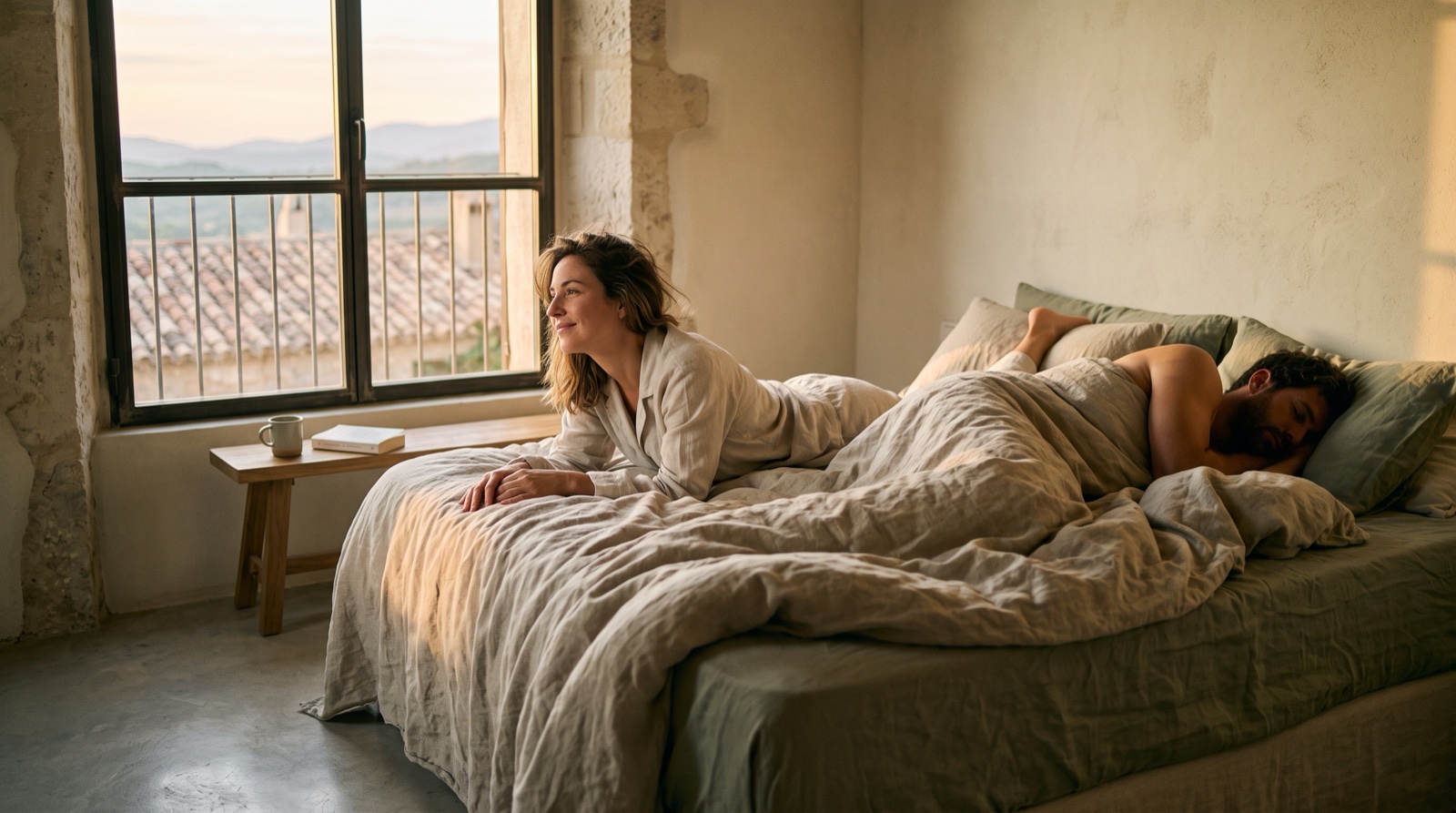Persona despertando al amanecer junto a otra aún dormida