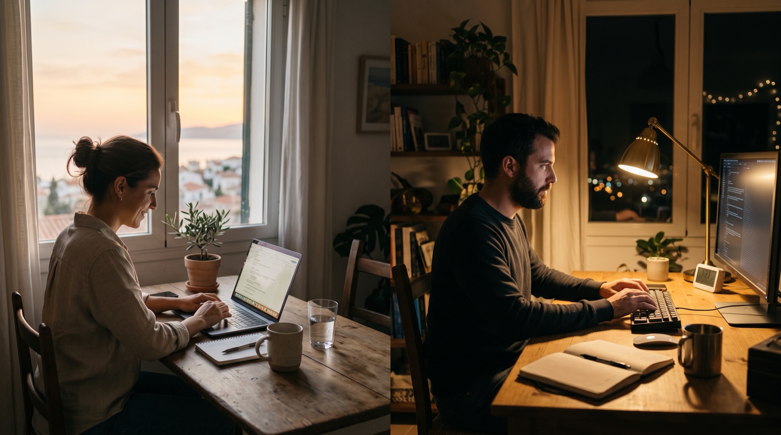 Dos escritorios, uno al alba y otro de noche con lámpara