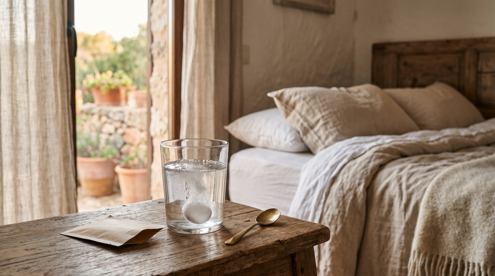 Vaso de agua con magnesio disolviéndose junto a la cama