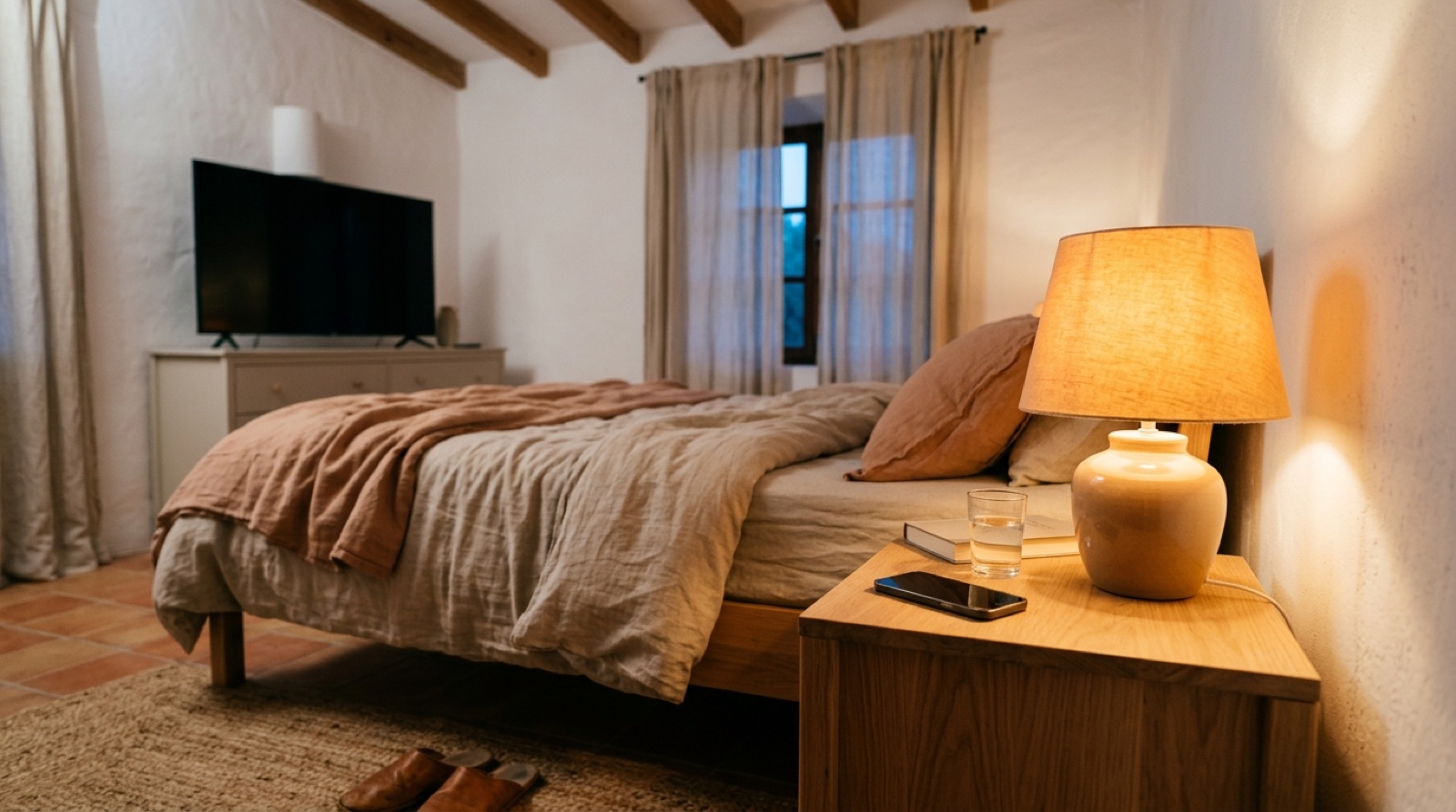 Dormitorio con luz ámbar y pantallas apagadas