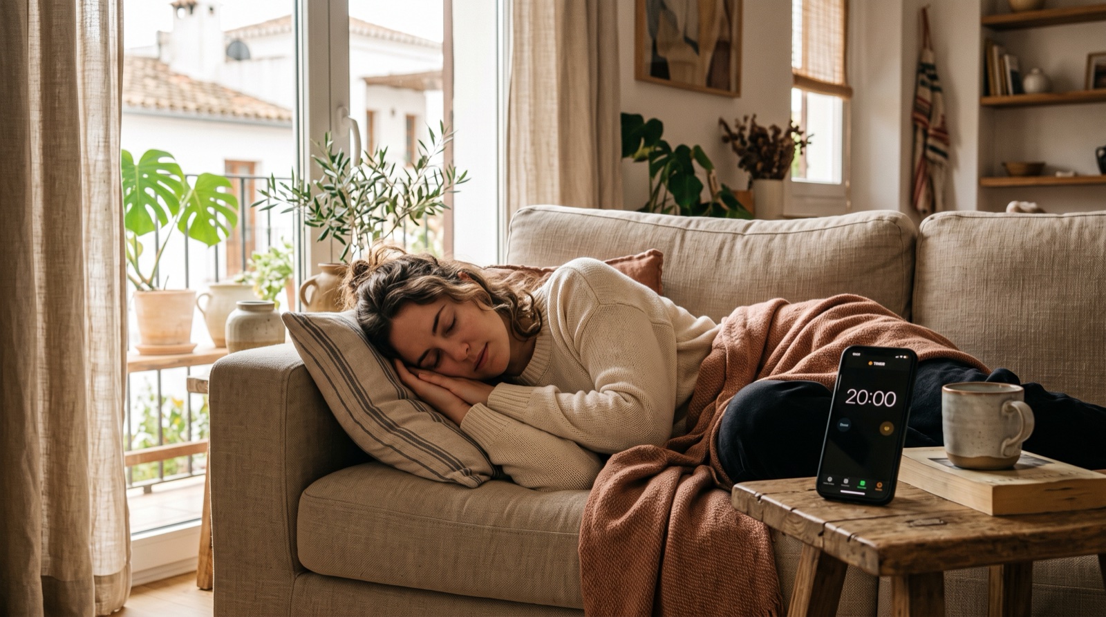 Persona durmiendo en el sofá con un temporizador al lado