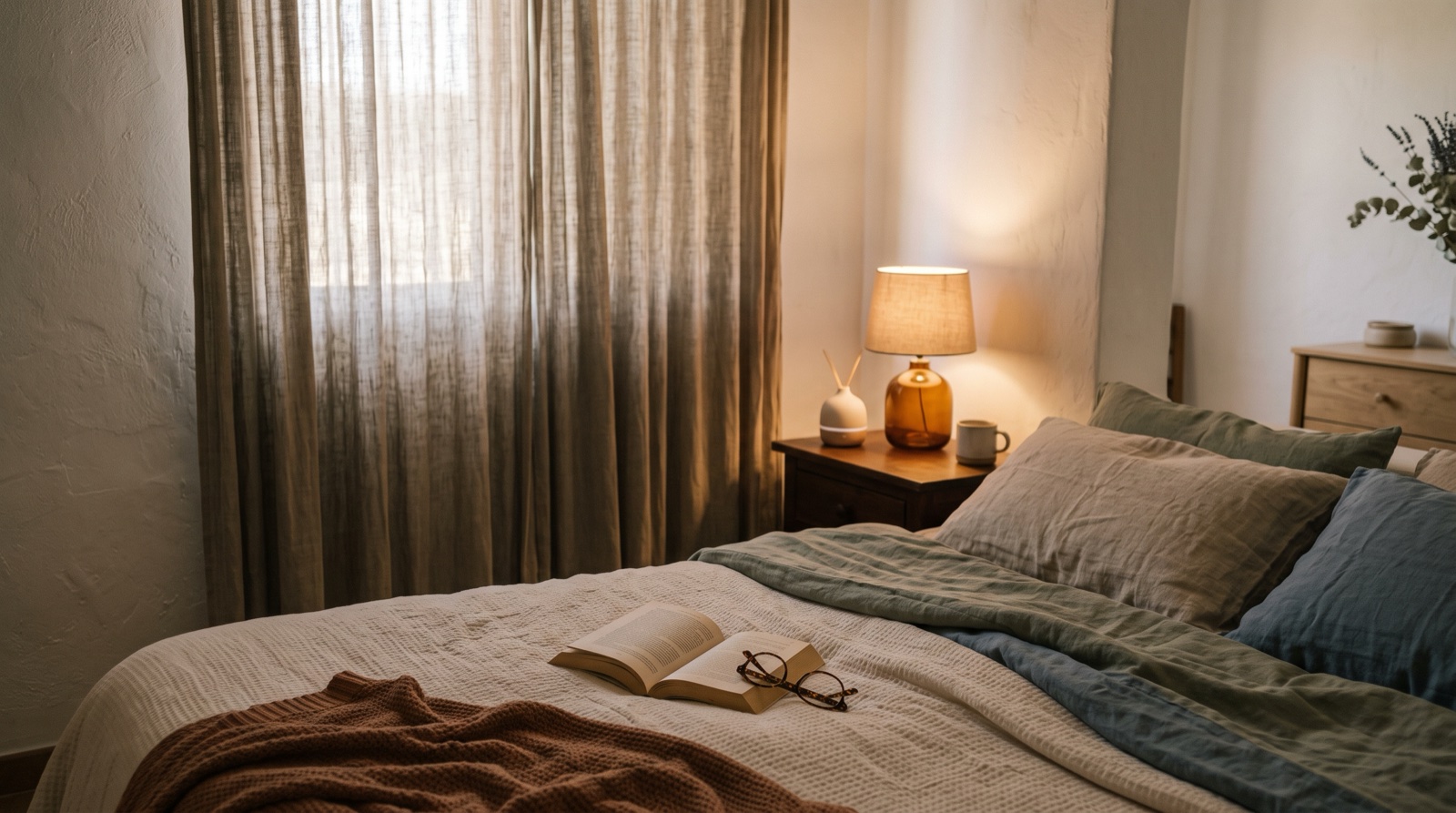 Dormitorio al anochecer con cortinas echadas y un libro