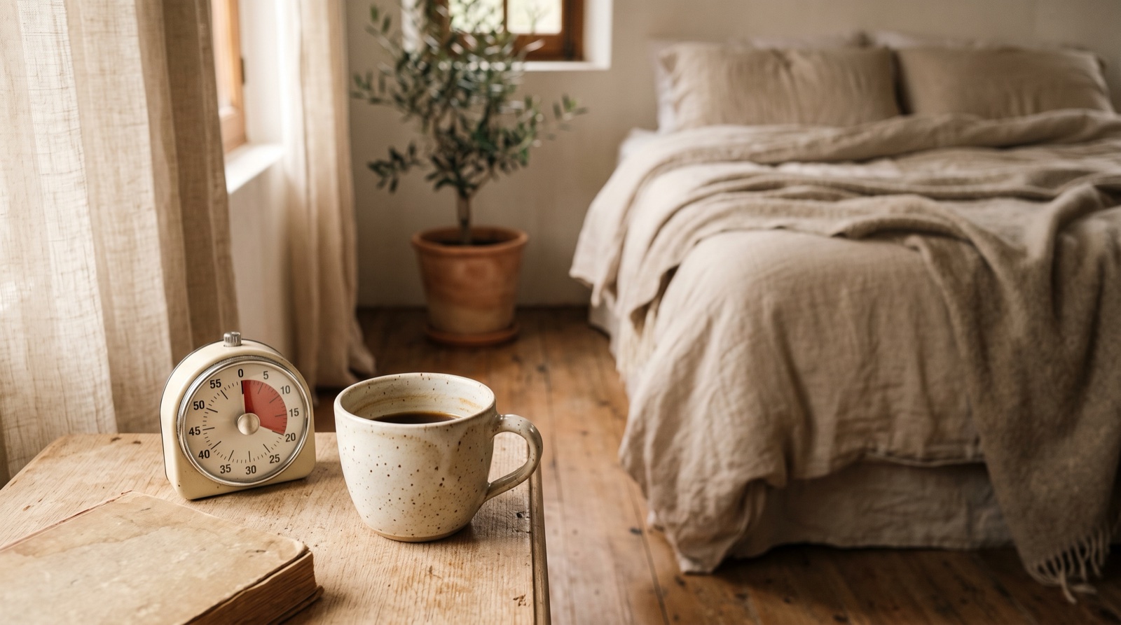 Taza de café y temporizador antes de una siesta corta