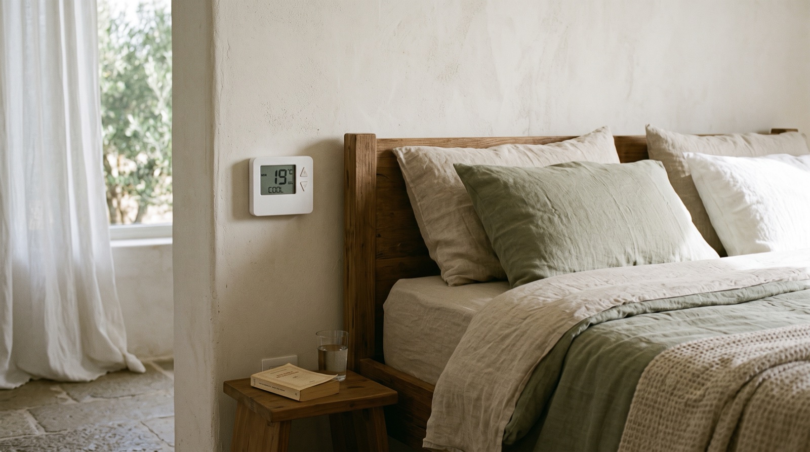 Termostato del dormitorio ajustado a temperatura fresca